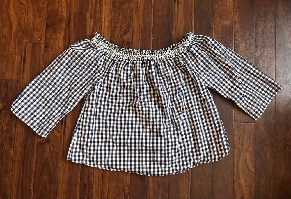 Madewell Women's Blue and White Gingham Off-the-Shoulder Smocked Top Americana